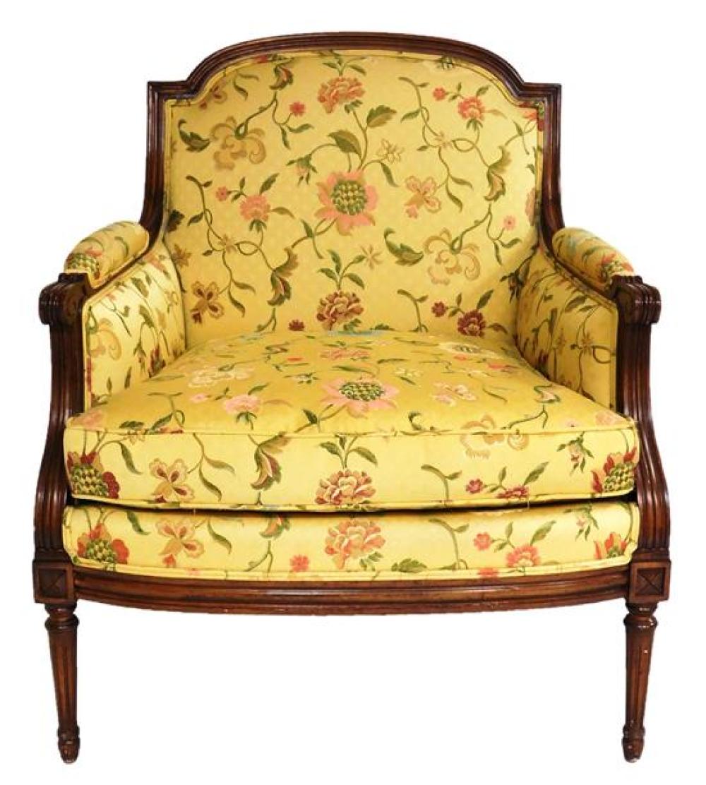 Appraisal: French style armchair carved wooden frame with arched crest and