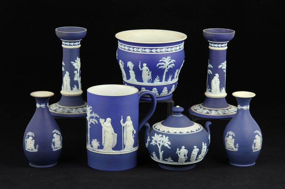 Appraisal: - Pc Wedgwood Jasperware Seven pieces of blue and white