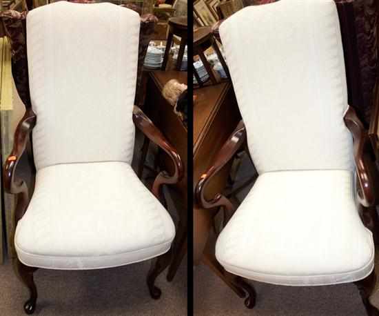 Appraisal: Pair of Queen Anne style cherrywood upholstered armchairs Estimate -