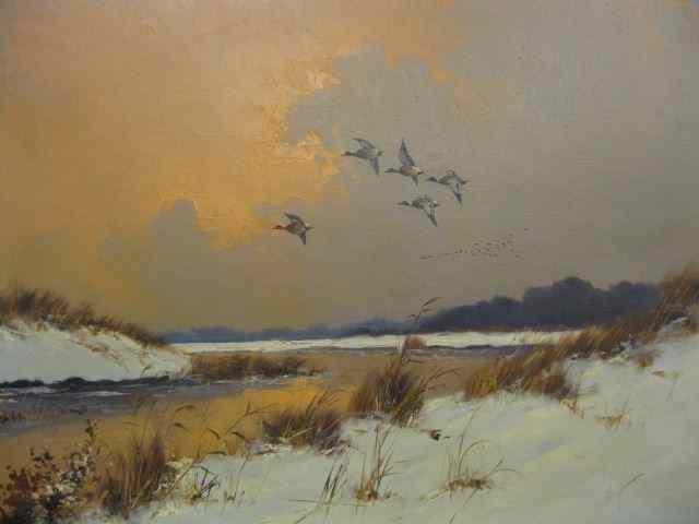 Appraisal: George Stevens Oil ducks in flight at wintersunset image area