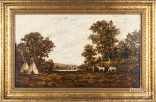 Appraisal: Oil on panel landscape with an Indian encampment in the