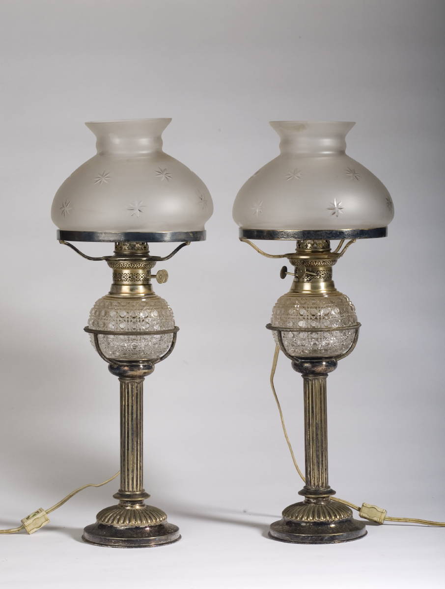 Appraisal: PAIR OF ENGLISH SILVERPLATE AND BUTTON-CUT CRYSTAL TABLE LAMPS WITH