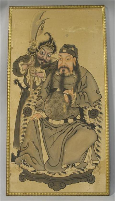 Appraisal: CHINESE INK AND COLOR PORTRAIT OF A DIGNITARY Flanked by