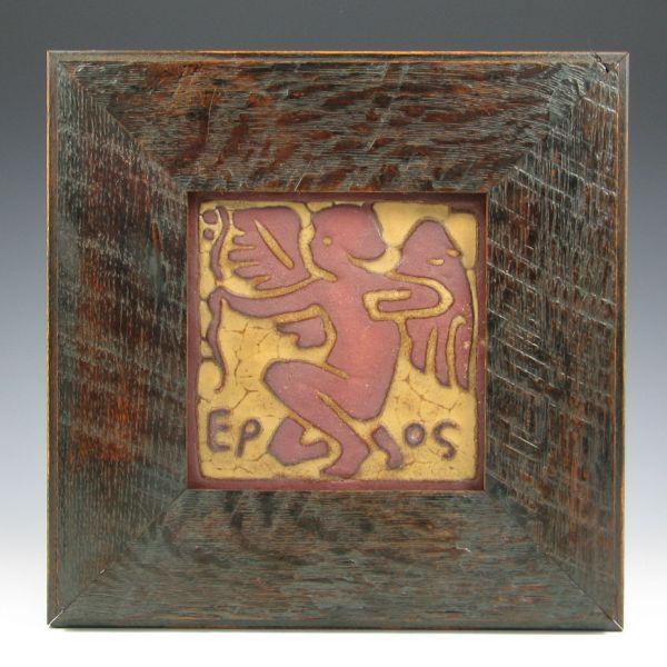 Appraisal: Grueby Eros two-color tile with Arts Crafts oak frame Unmarked