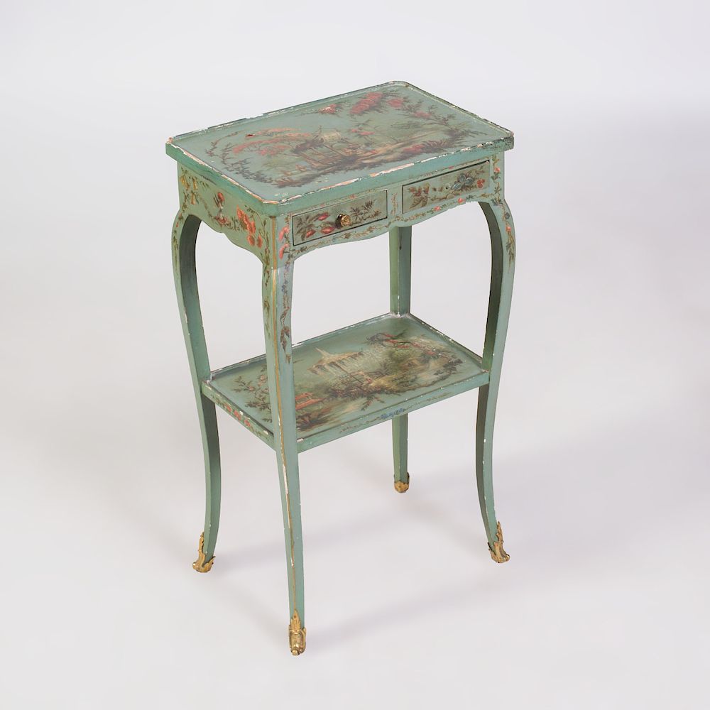 Appraisal: Louis XV Style Ormolu-Mounted Green Painted Table crire Fitted with