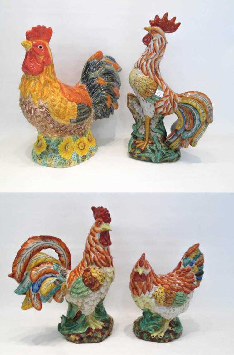 Appraisal: FOUR POTTERY GLAZED ROOSTERS in various poses with hand painted