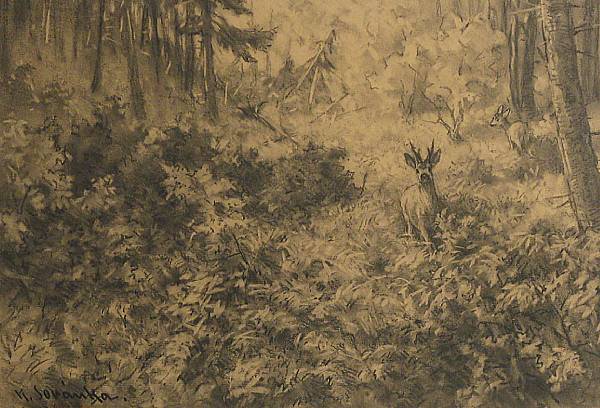 Appraisal: K Sovanka th century A wooded landscape with a doe