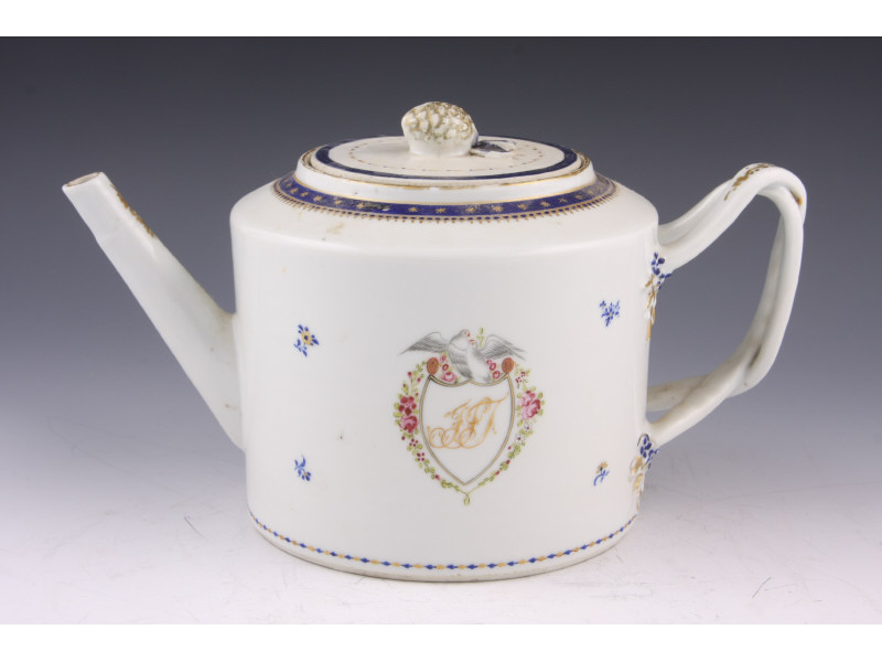 Appraisal: Chinese Export Porcelain Armorial Teapot ca cylindrical body decorated with