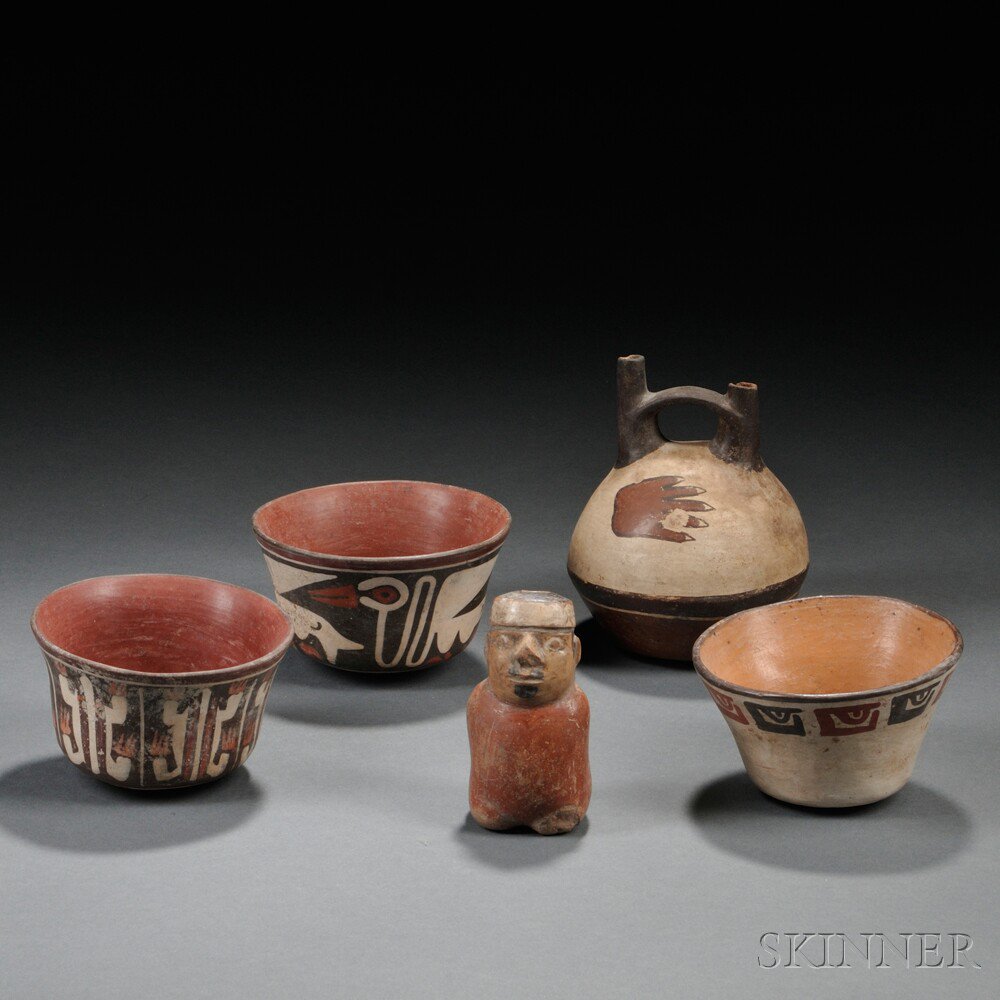 Appraisal: Five Nasca Pottery Items includes three bowls a double-spout vessel