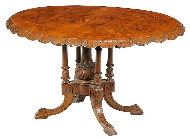 Appraisal: Victorian Inlaid Burl Walnut Breakfast Table British th century ovoid-form