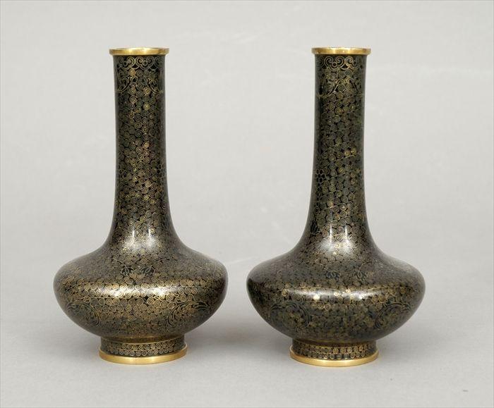 Appraisal: Pair of Japanese Black-Ground Cloisonn Enamel Vases in Provenance Property