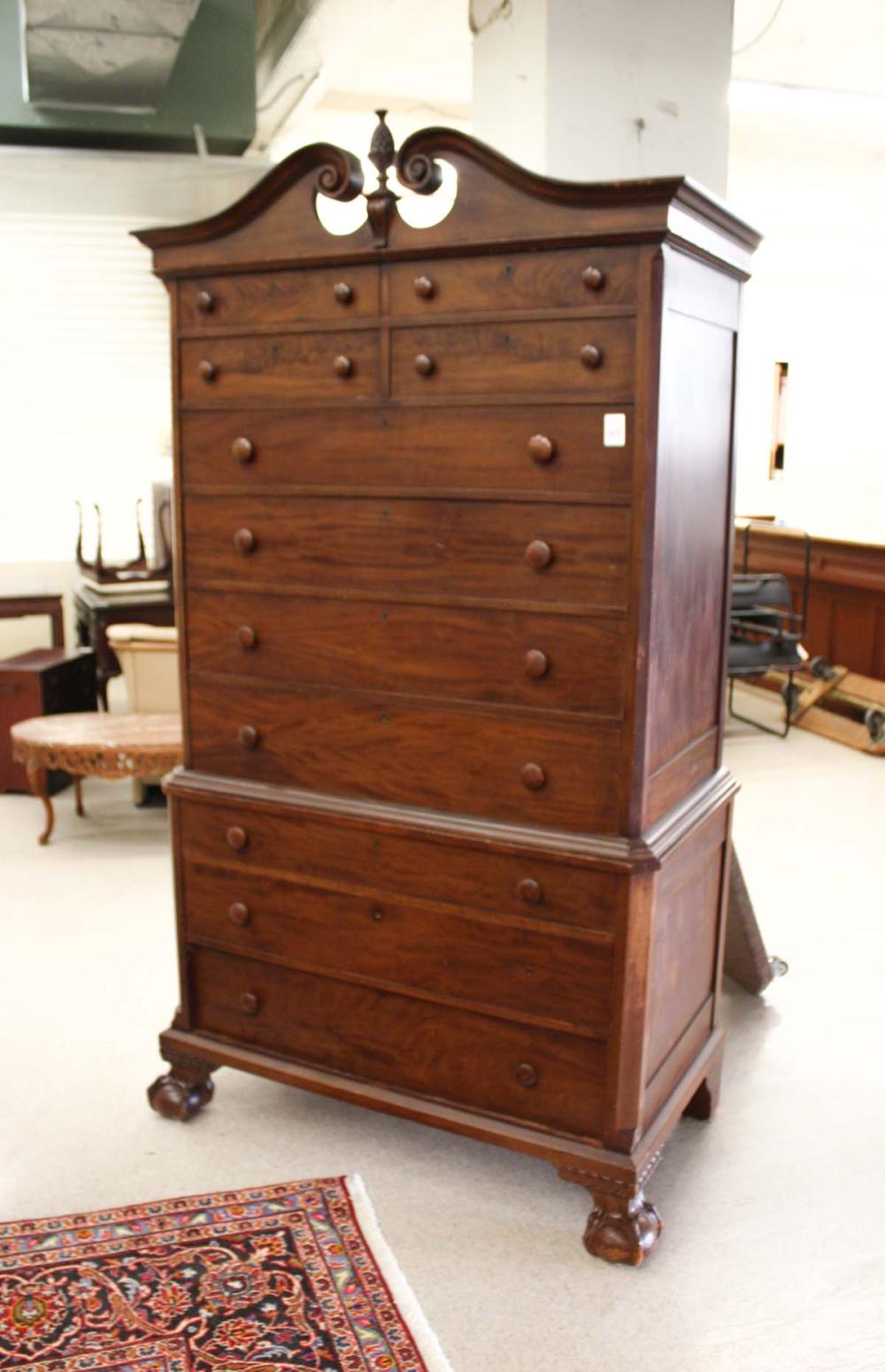 Appraisal: CHIPPENDALE REVIVAL MAHOGANY CHEST-ON-CHEST American early th century an eight-drawer