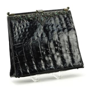 Appraisal: Vintage Black Alligator Clutch Purse with Marcasite and Inlaid Frame