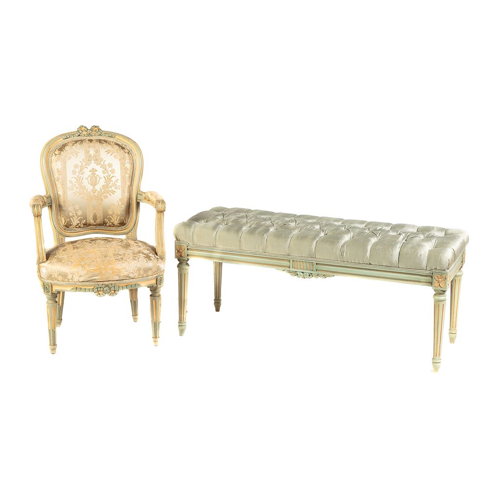 Appraisal: Louis XVI Style Painted Wood Chair Bench Upholstered arm chair