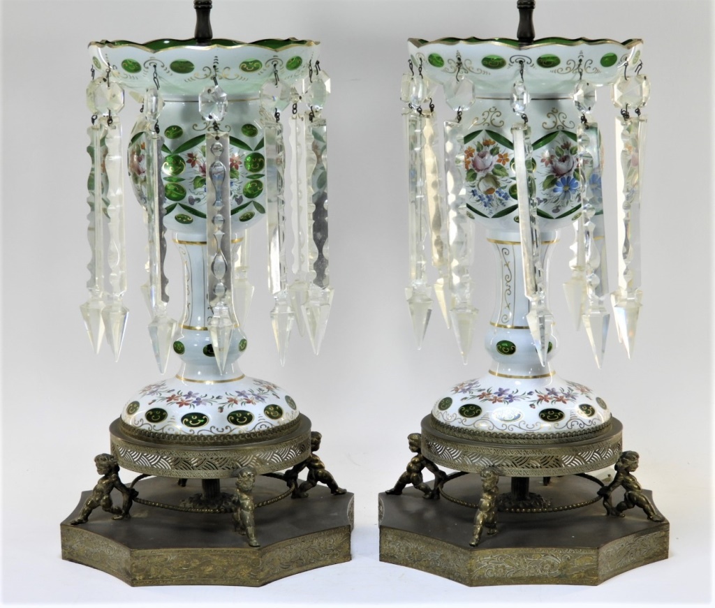 Appraisal: PR C BOHEMIAN GILT CUT OVERLAY GLASS LUSTER LAMP Czechoslovakia