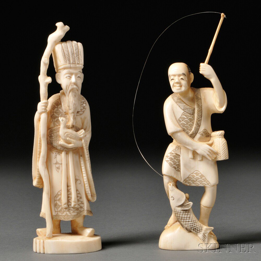 Appraisal: Two Ivory Figures Japan th th century a fisherman ht