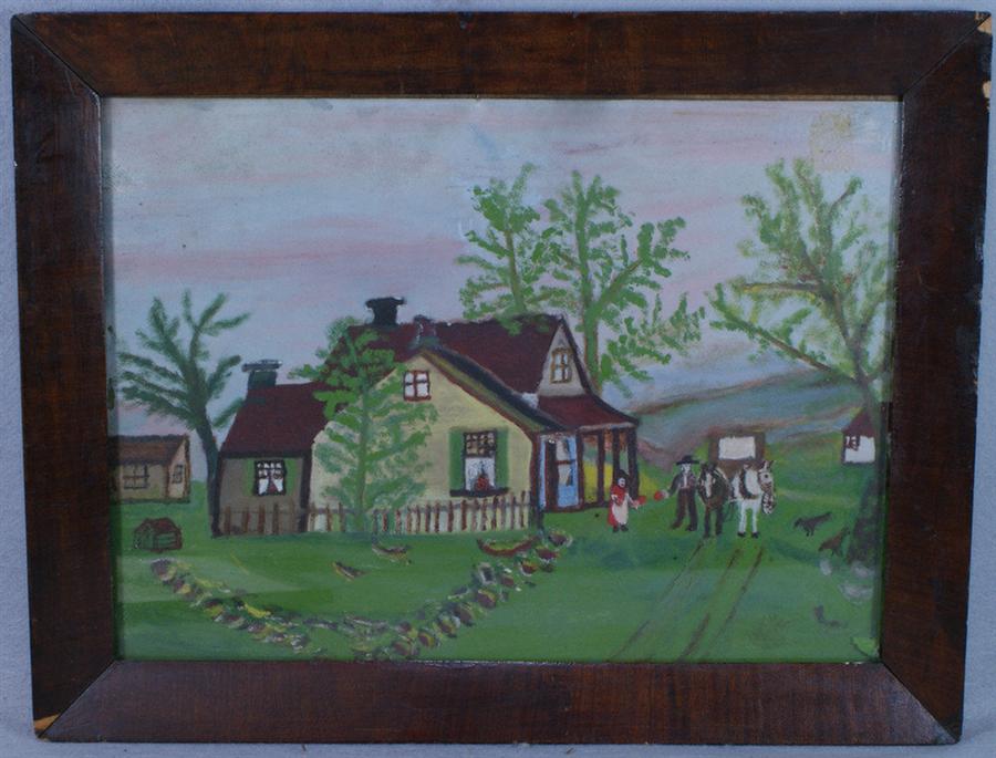 Appraisal: American Primitive School oil on paper Farmyard with Chickens mahogany