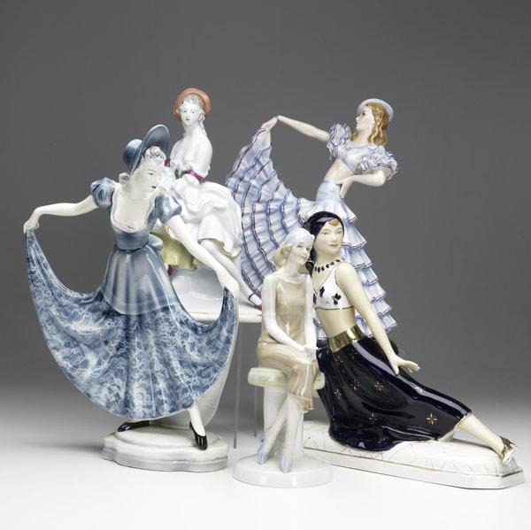 Appraisal: Five porcelain figurines all th C Two Goldscheider dancing women