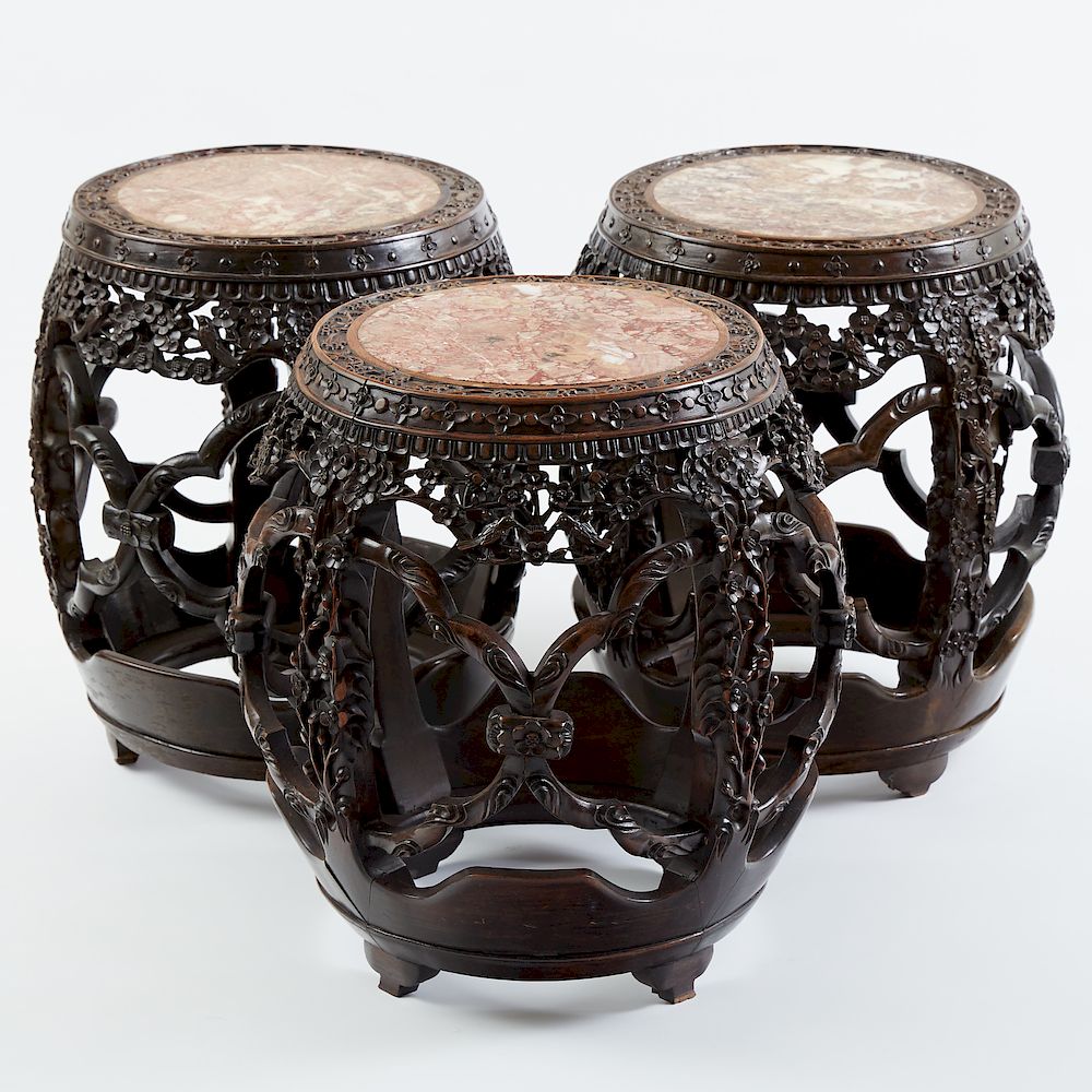 Appraisal: Three Chinese Marble Inset Barrel-Form Stools Group of three Chinese