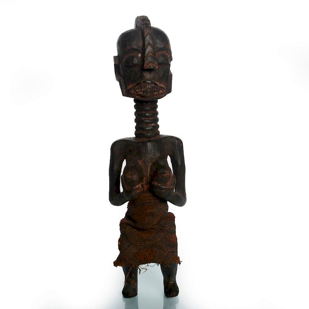 Appraisal: CARVED WOOD AFRICAN FERTILITY STATUE Female stretched neck w rings