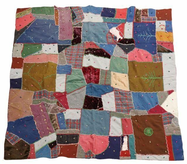 Appraisal: Hand-embroidered crazy quilt th c pieced with a variety of