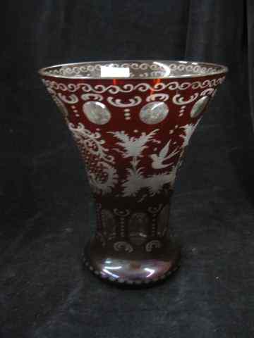 Appraisal: Bohemian Ruby Cut-to-Clear Vase classic bird castle design '' excellent