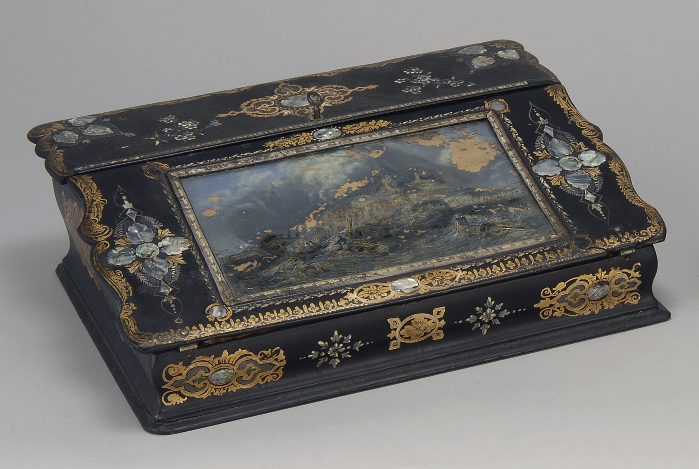 Appraisal: VICTORIAN PAPIER MACHE BLACK LACQUER WRITING BOX With mother-of-pearl inlay