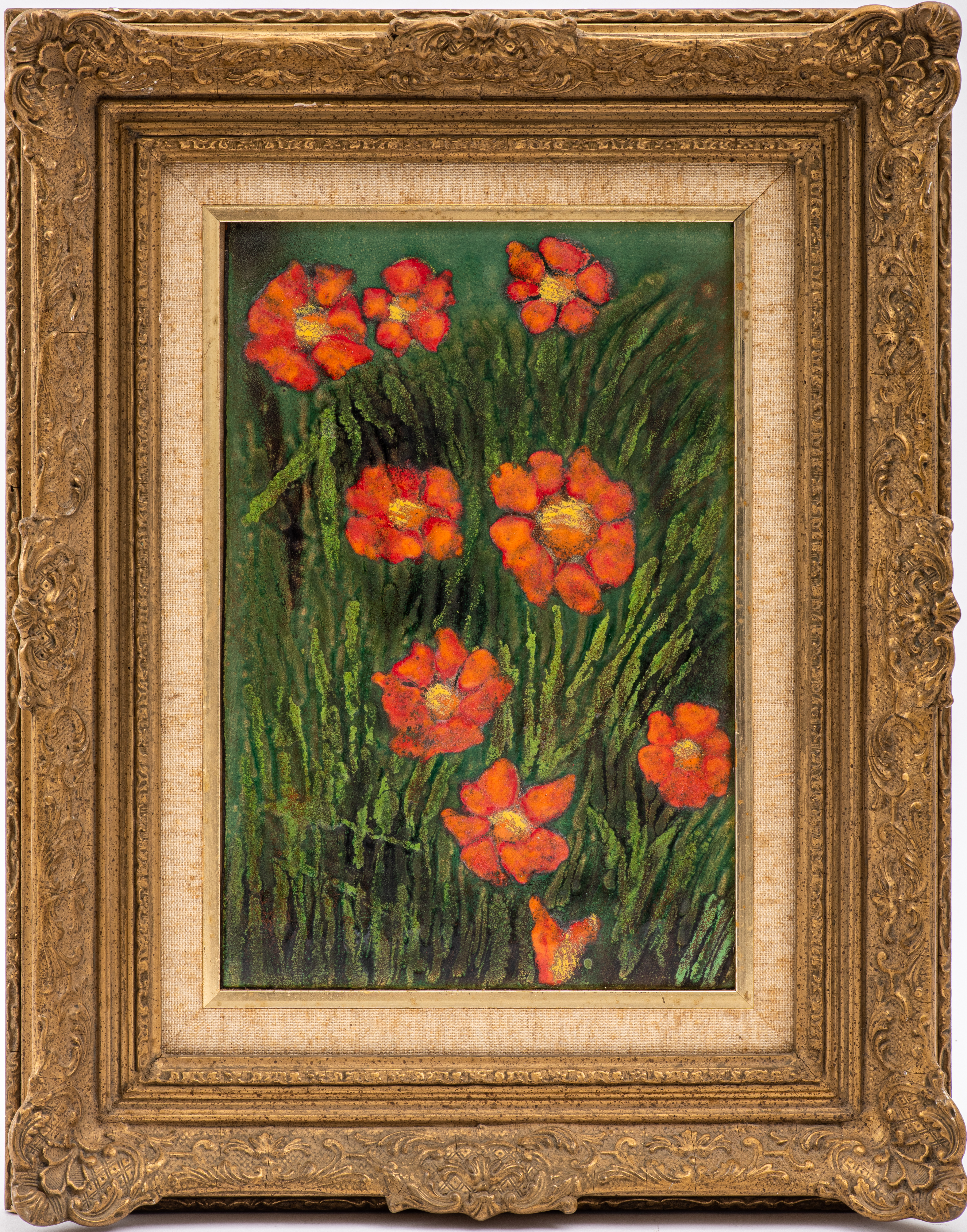 Appraisal: MIDCENTUY ENAMEL OF POPPIES WITH GOLD DUST Midcentury enamel on