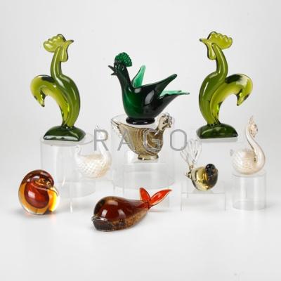 Appraisal: MURANO Figural glass group nine pieces roosters birds and whale