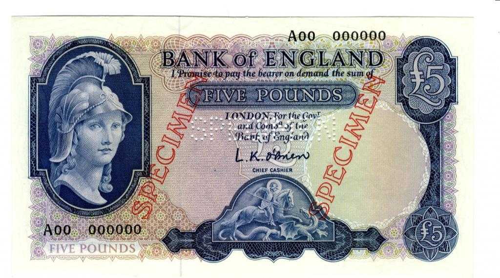 Appraisal: BANK OF ENGLAND L K O'BRIEN FIVE POUNDS Serial no