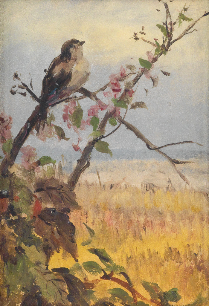 Appraisal: FIDELIA BRIDGES Bird on a Flowering Branch Oil on wove