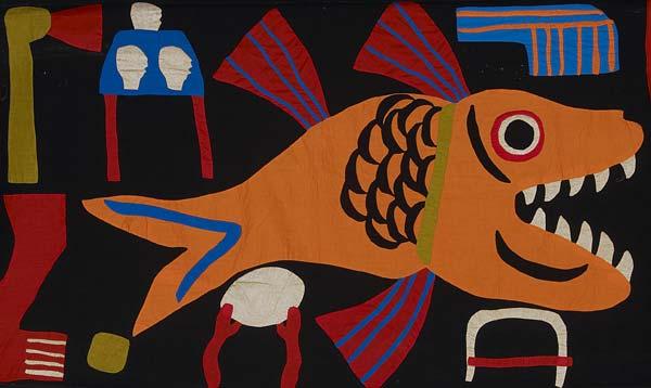 Appraisal: FOLK ART Large hand-sewn applique of abstract sealife x