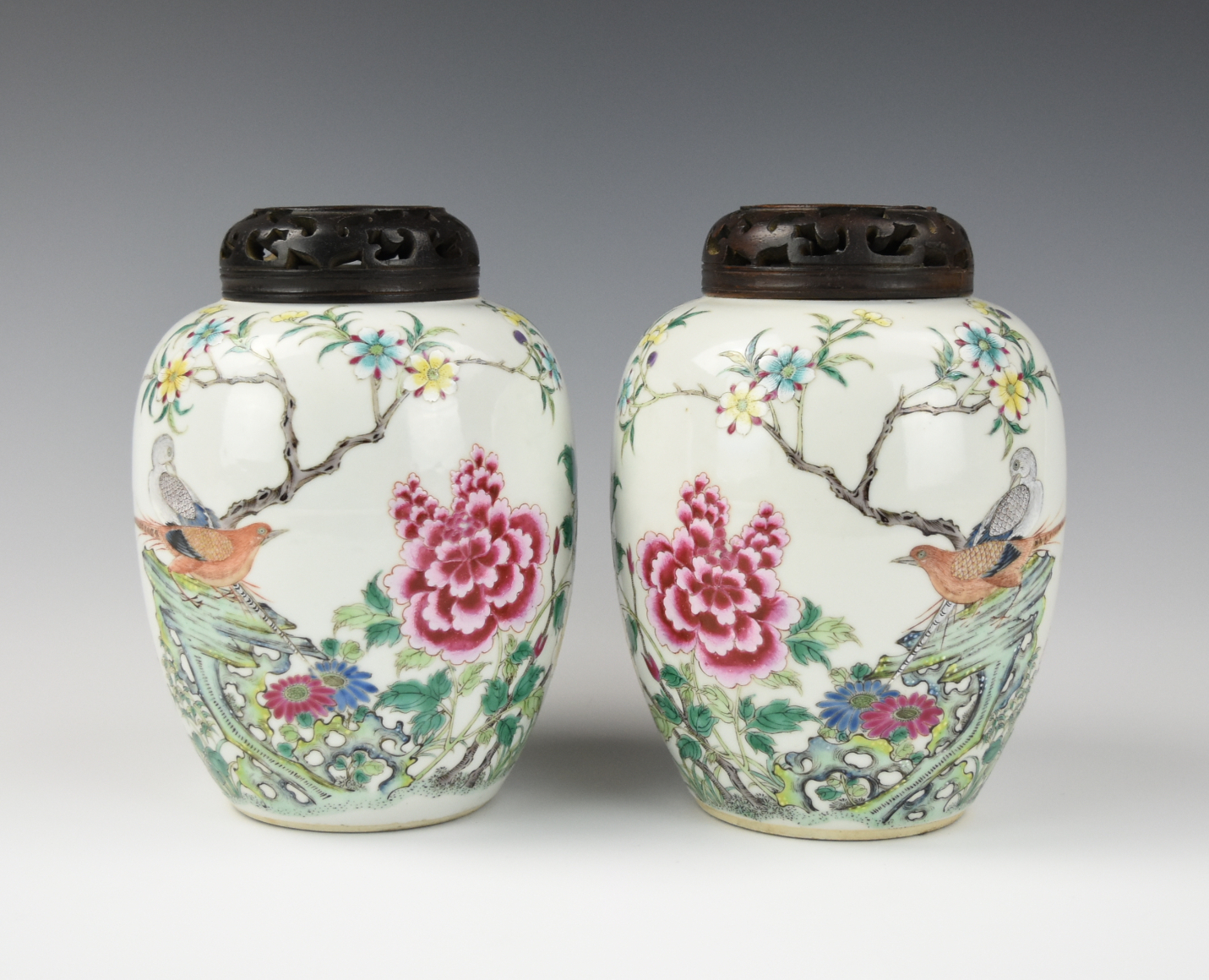 Appraisal: PAIR CHINESE FAMILLE ROSE JAR W FLOWER Chinese th C