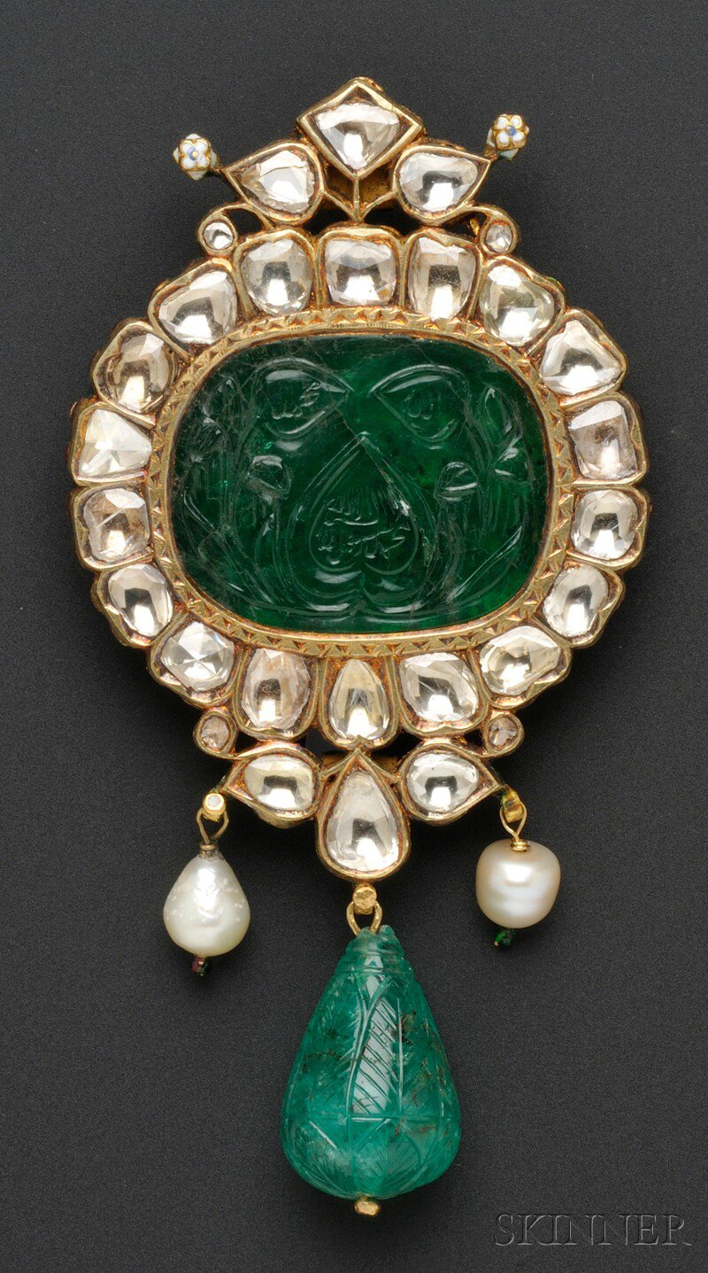 Appraisal: Fine Carved Emerald and Diamond Pendant India set with a