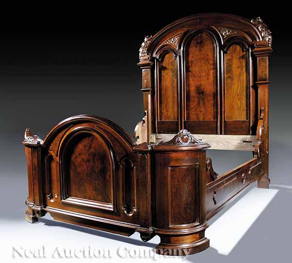 Appraisal: An American Renaissance Carved and Burled Walnut Bedstead mid- th