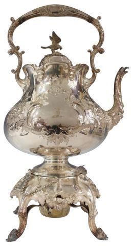 Appraisal: English Victorian silverplate hot water kettle on warming stand Martin