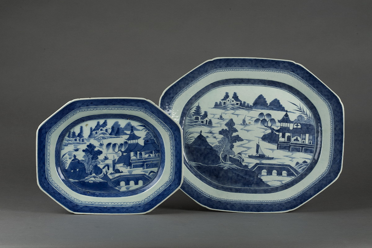 Appraisal: TWO CANTON PORCELAIN BLUE AND WHITE RECTANGULAR PLATTERS WITH CANTED