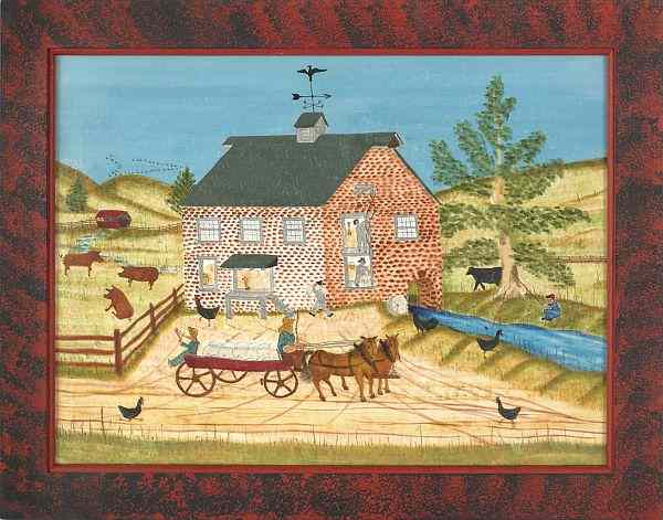 Appraisal: William Rank American - pair of oil on velvet farm