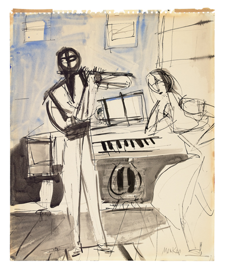 Appraisal: JOSEPH MENKES The Flute Recital Watercolor and ink on paper