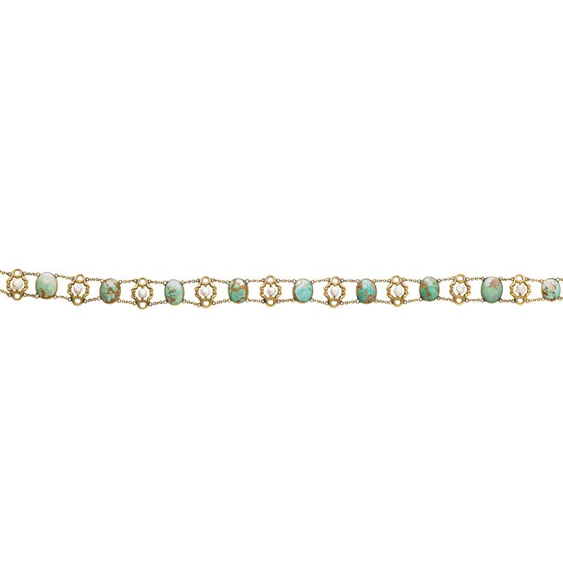 Appraisal: ART NOUVEAU TURQUOISE AND RIVER PEARL GOLD COLLAR Condition Report