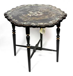 Appraisal: English Victorian black lacquered mother-of-pearl inlaid tray on stand having