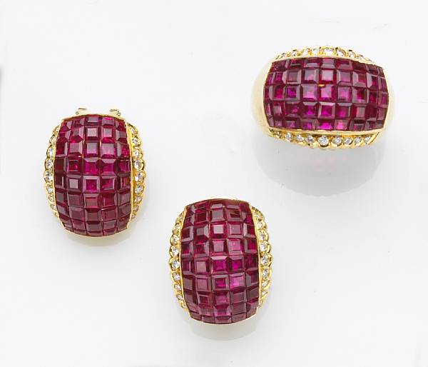 Appraisal: A ruby diamond and k gold jewelry set comprising a