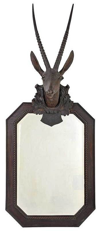 Appraisal: Black Forest Deer Figural Carved Mirror early th century oak