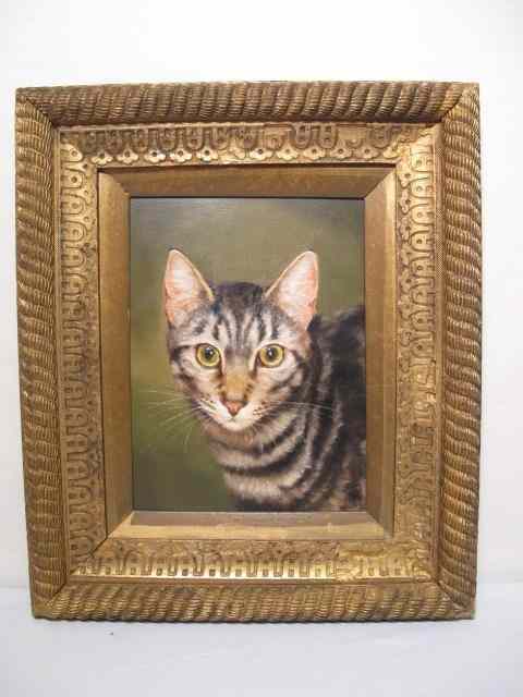 Appraisal: th century painting of a grey and black striped cat