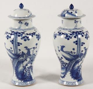 Appraisal: PAIR OF DECORATIVE CHINESE PORCELAIN BLUE AND WHITE CAPPED JARS