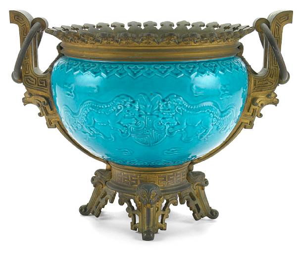 Appraisal: A French gilt bronze mounted turquoise glazed porcelain jardini re