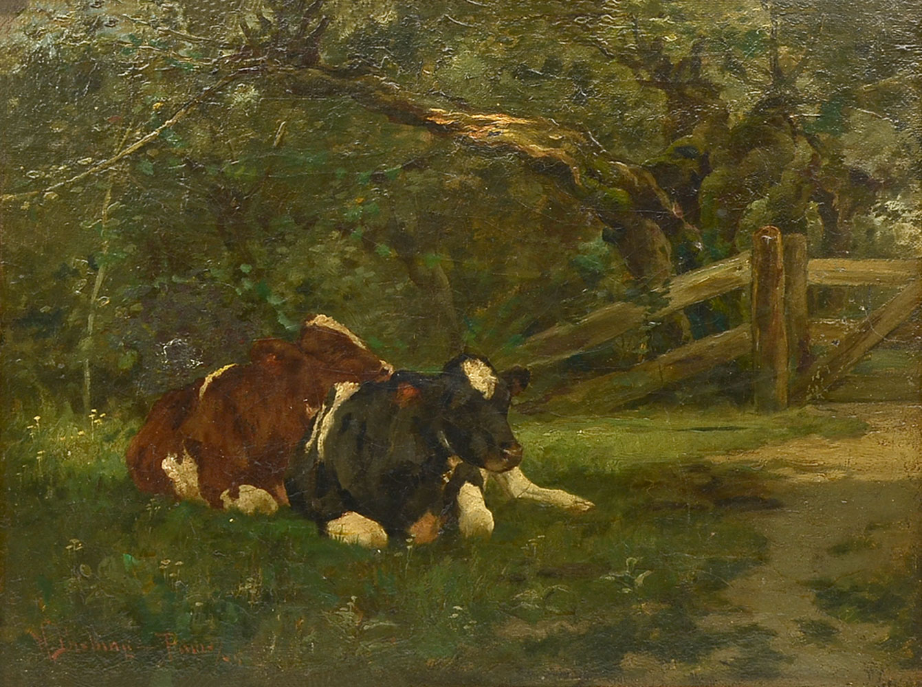 Appraisal: BISBING Henry American French - Cows at Rest Oil on