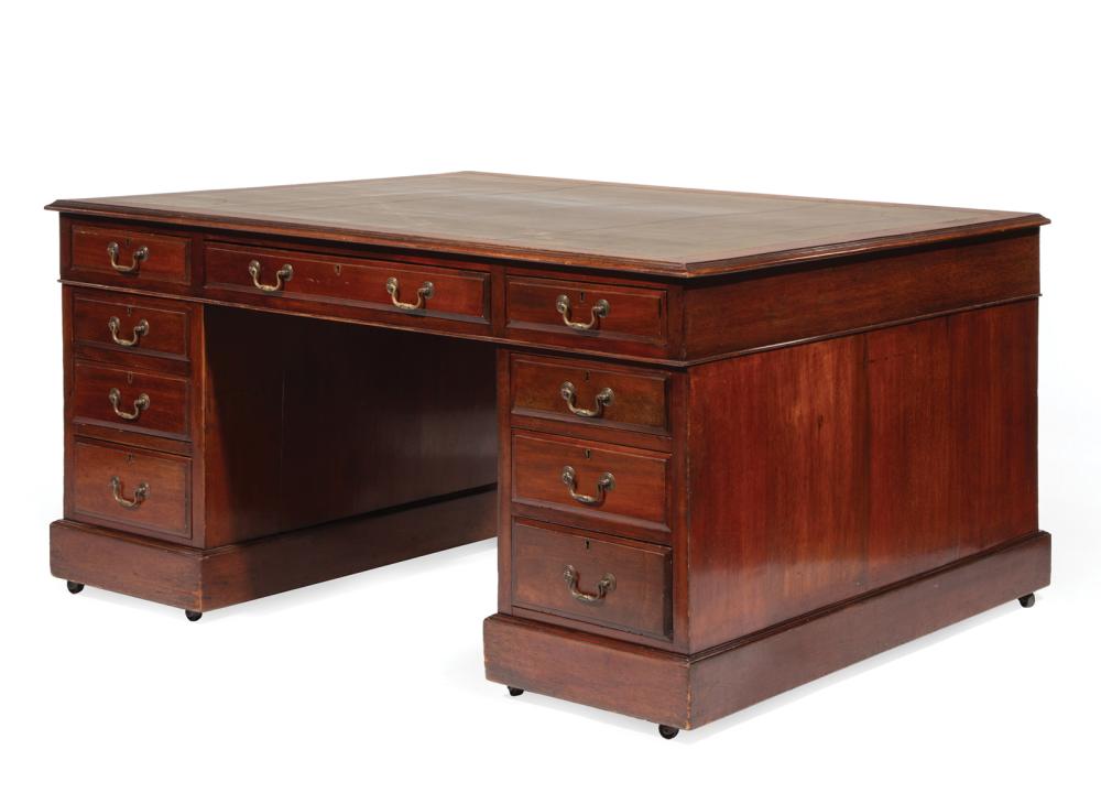 Appraisal: English Mahogany Partners Desk inset leather top three frieze drawers