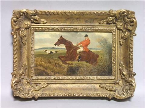 Appraisal: HUNTING SCENE Oil on canvas board x in sight Framed