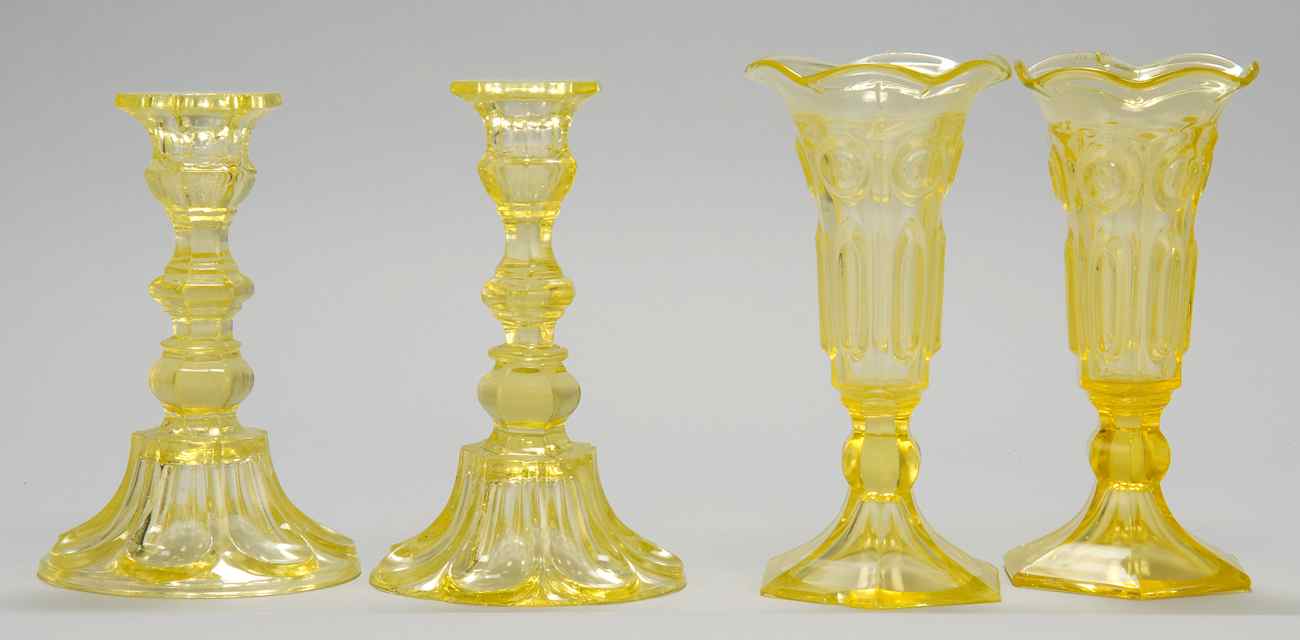 Appraisal: FOUR PIECES OF SANDWICH CANARY YELLOW GLASS Pair of vases